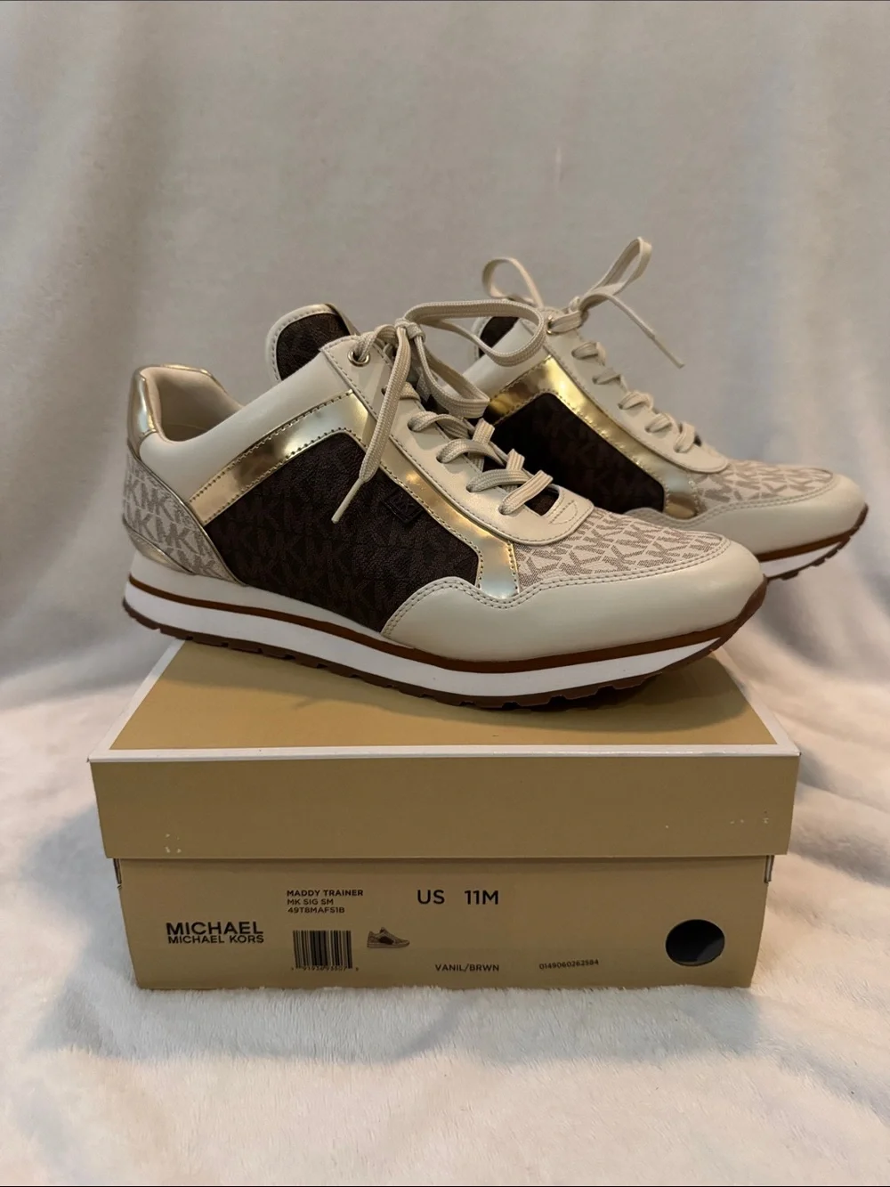 Michael Kors Cream, Brown & Gold Logo Wedge Sneakers